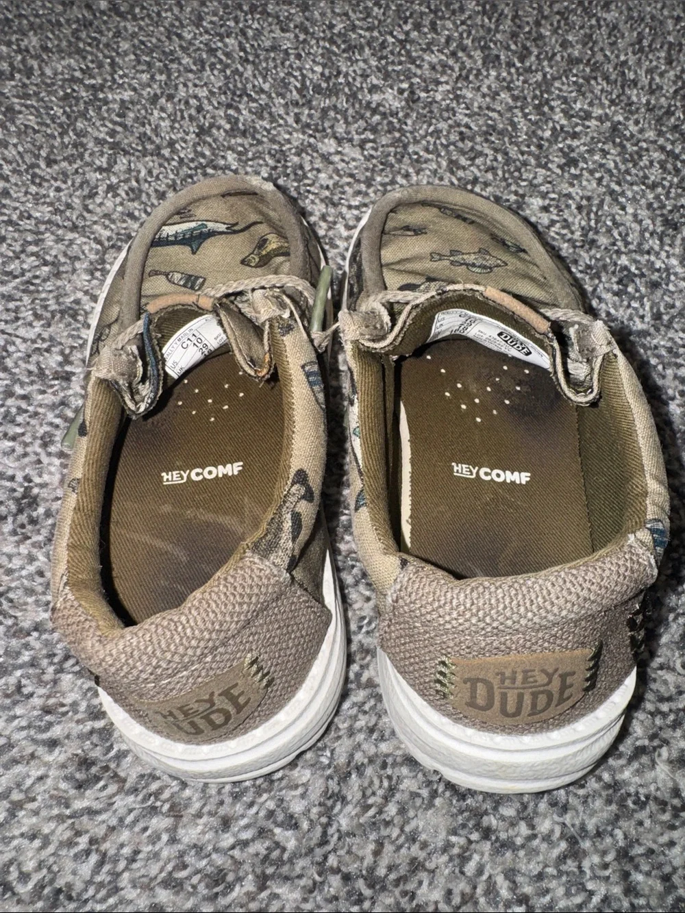 Hey Dude Kids Canvas Slip-Ons in Olive with Blue and Yellow Fish Print